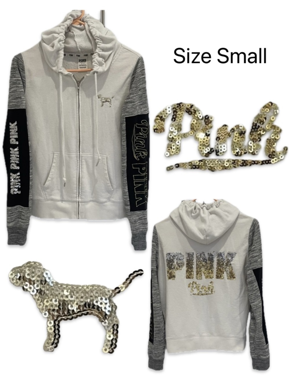 PINK Victoria's Secret Special Edition Sequin Zip Up Hoodie Gray White Small